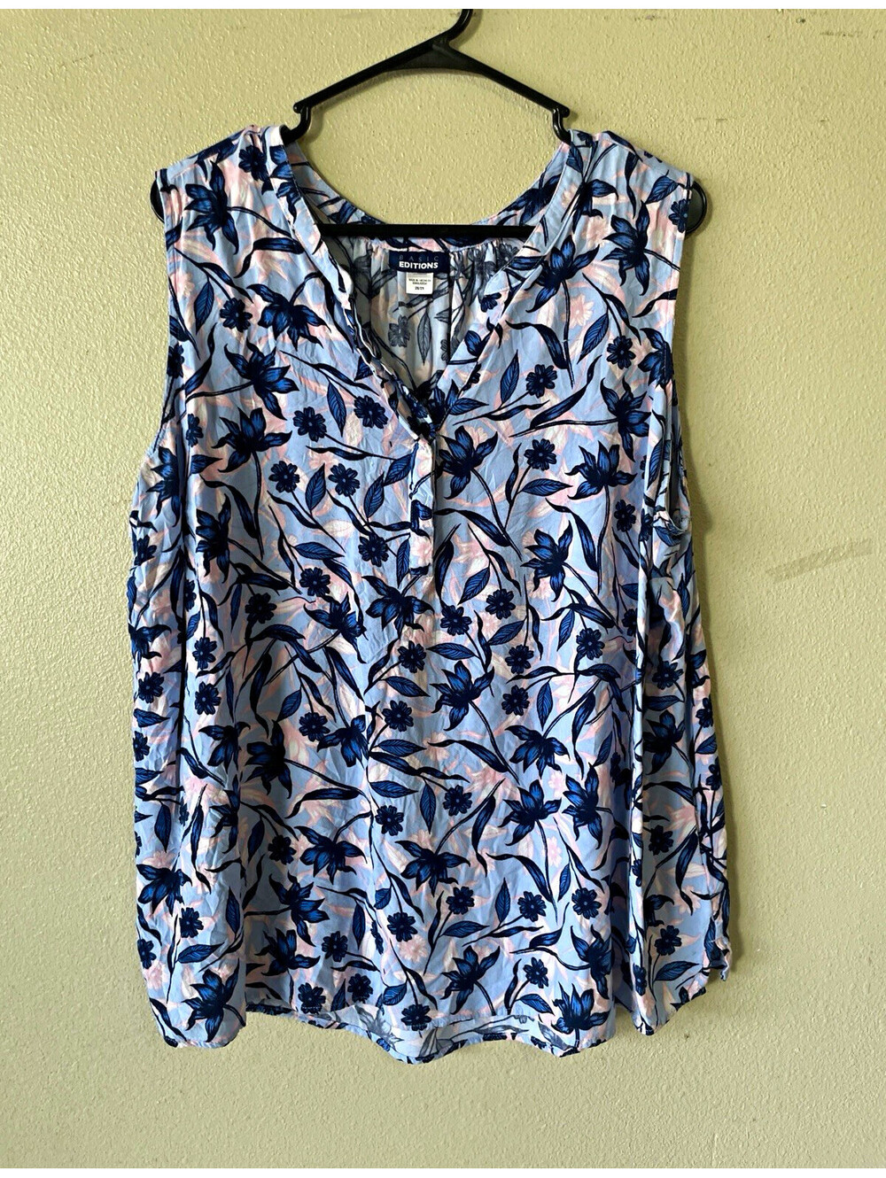 Basic Editions 2X Plus Blouse V Neck Floral Cold Shoulder Long Sleeve Blue Pink